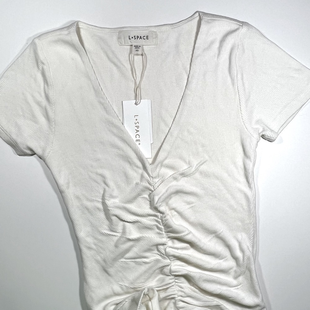 L* Space | Bodycon Micro Ribbed Ruched Lani Dress In Cream | CS - Picture 6 of 12